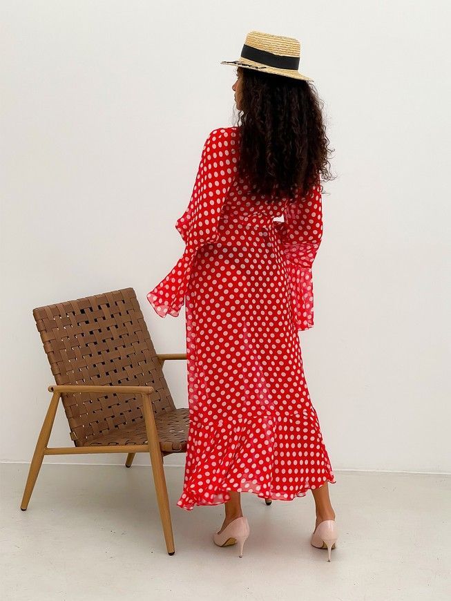 Beach chiffon long cover up with frills Tyu-Tyu! One Size red and white polka dot