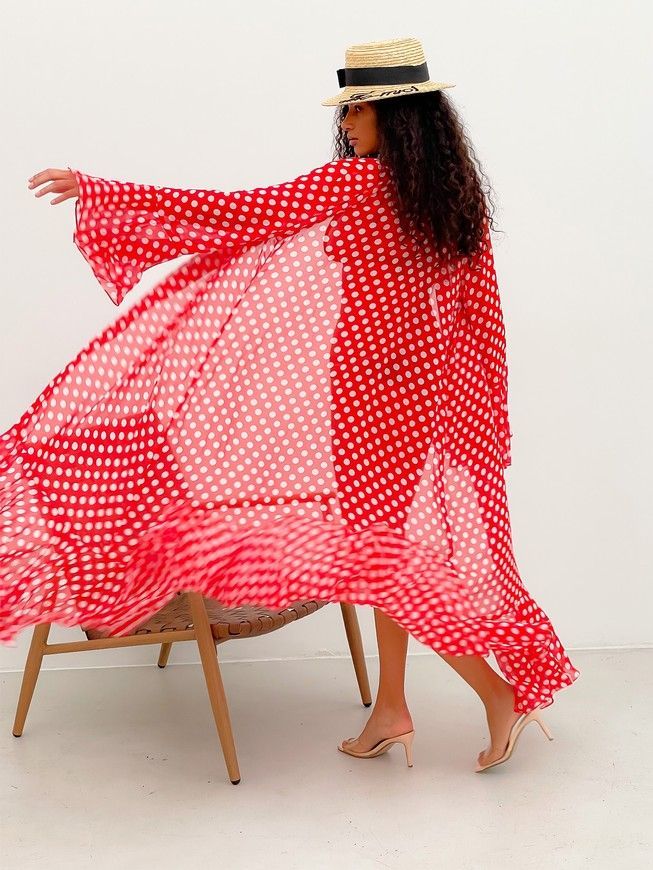 Beach chiffon long cover up with frills Tyu-Tyu! One Size red and white polka dot