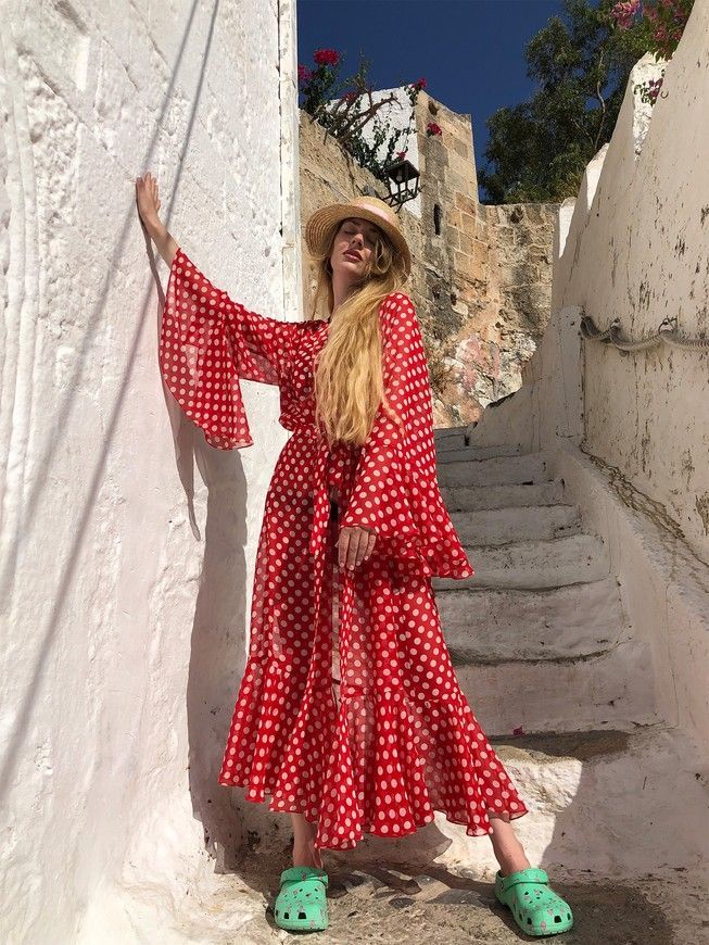 Beach chiffon long cover up with frills Tyu-Tyu! One Size red and white polka dot