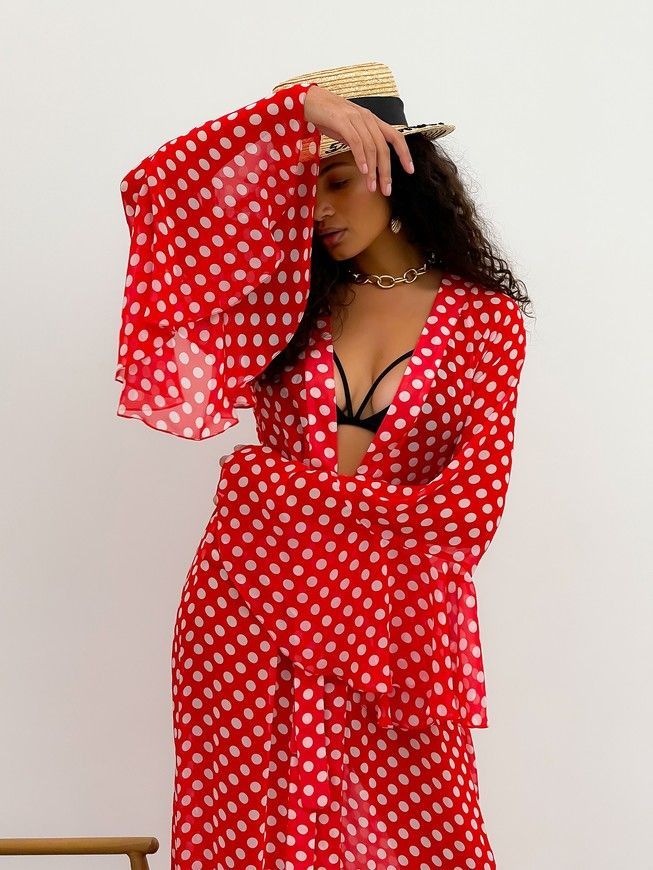 Beach chiffon long cover up with frills Tyu-Tyu! One Size red and white polka dot