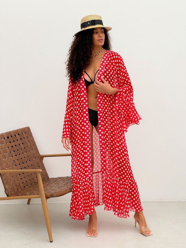 Beach chiffon long cover up with frills Tyu-Tyu! One Size red and white polka dot