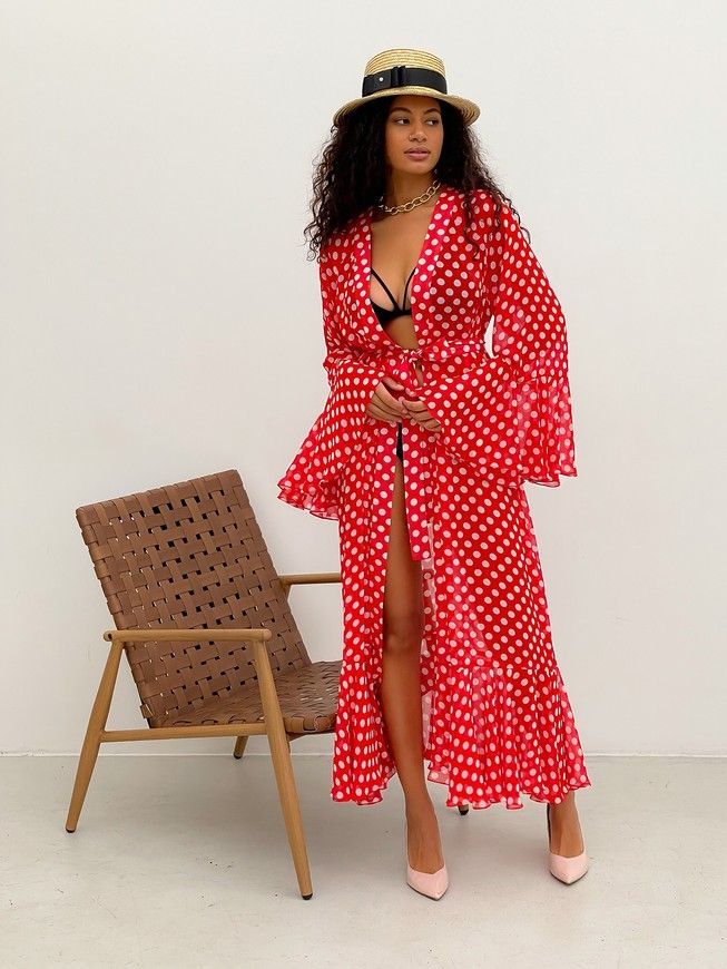 Beach chiffon long cover up with frills Tyu-Tyu! One Size red and white polka dot