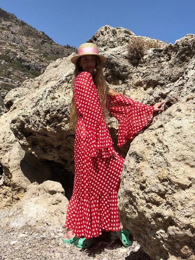 Beach chiffon long cover up with frills Tyu-Tyu! One Size red and white polka dot