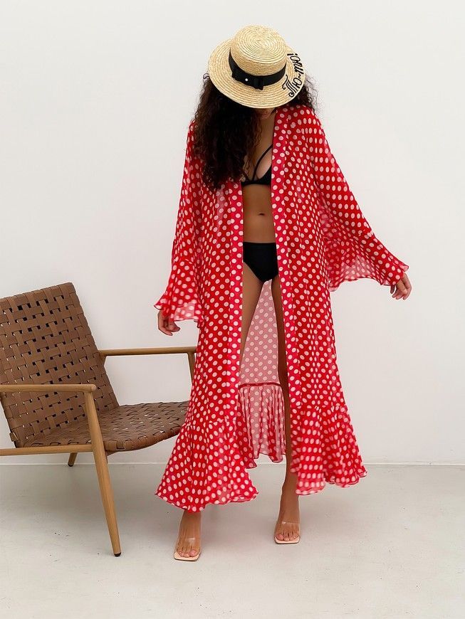 Beach chiffon long cover up with frills Tyu-Tyu! One Size red and white polka dot