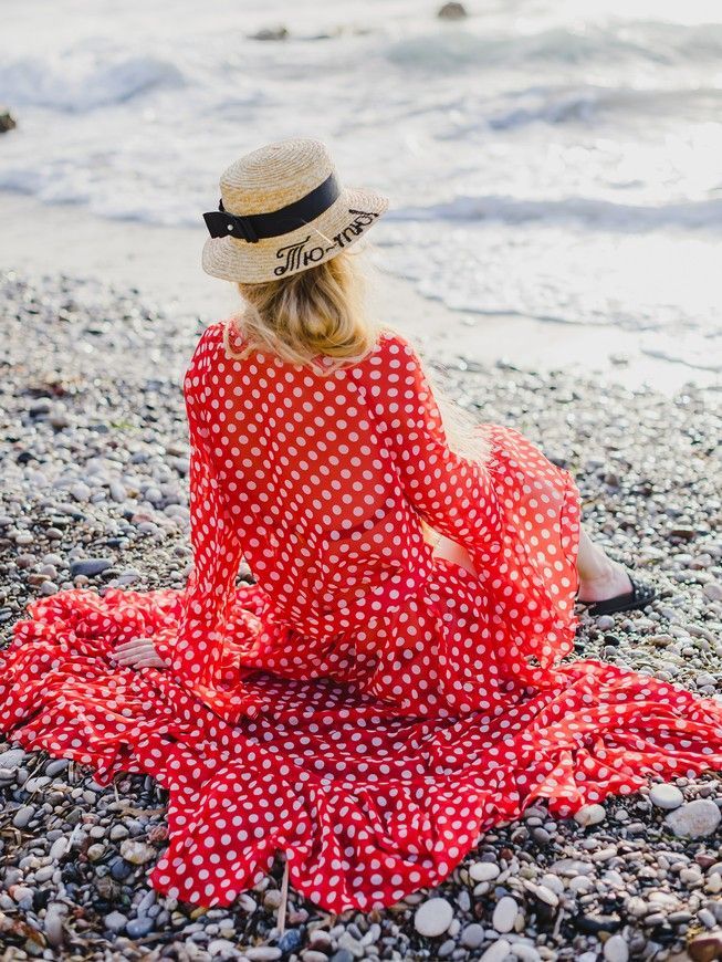 Beach chiffon long cover up with frills Tyu-Tyu! One Size red and white polka dot