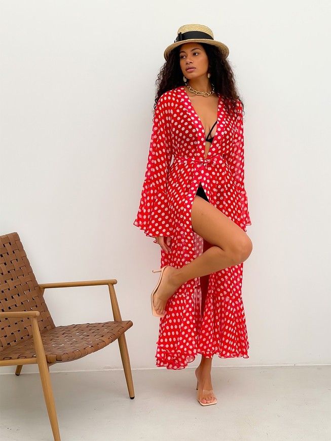 Beach chiffon long cover up with frills Tyu-Tyu! One Size red and white polka dot