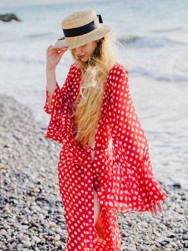 Beach chiffon long cover up with frills Tyu-Tyu! One Size red and white polka dot