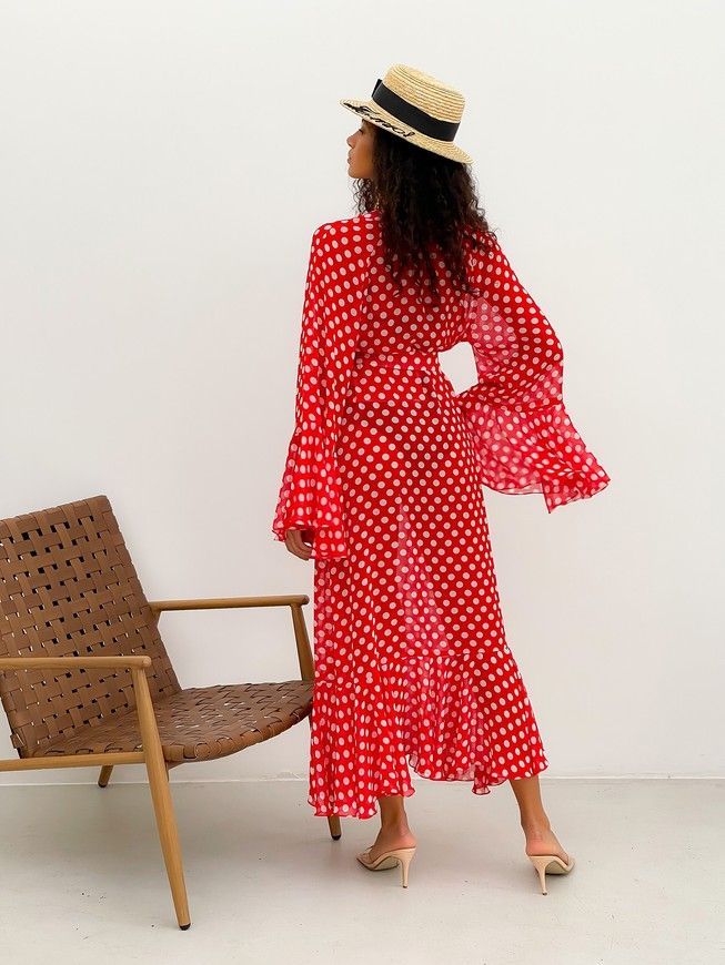 Beach chiffon long cover up with frills Tyu-Tyu! One Size red and white polka dot