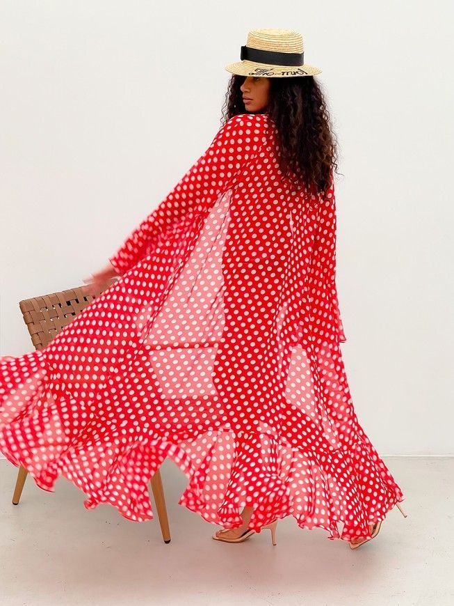 Beach chiffon long cover up with frills Tyu-Tyu! One Size red and white polka dot