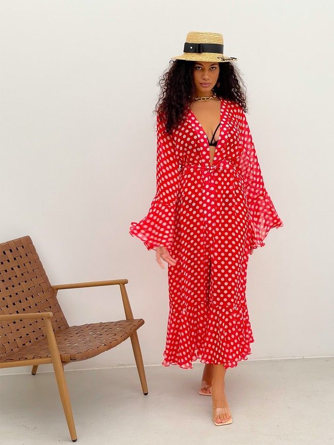 Beach chiffon long cover up with frills Tyu-Tyu! One Size red and white polka dot