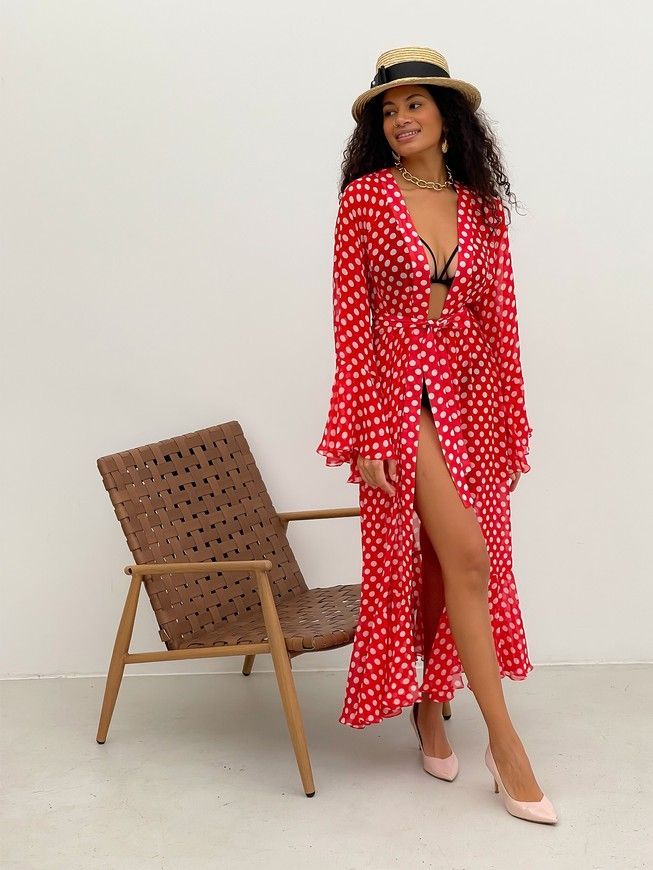 Beach chiffon long cover up with frills Tyu-Tyu! One Size red and white polka dot