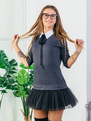 Платье-конструктор AIRDRESS серое "елочка" со съемными черной юбкой и воротником
