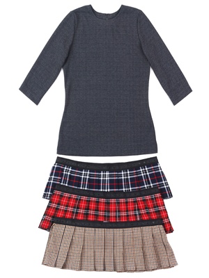 AIRDRESS set: gray "pine-tree" print top and 3 removable skirts (navy blue, red, beige tartan)