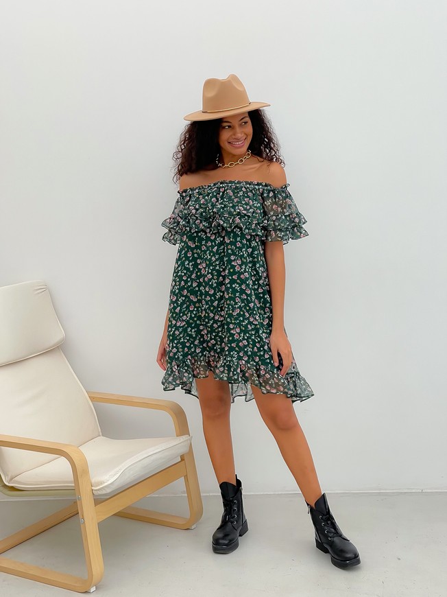 Sundress Tyu-Tyu! XS/S chiffon floral green with ruffles and with bare shoulders