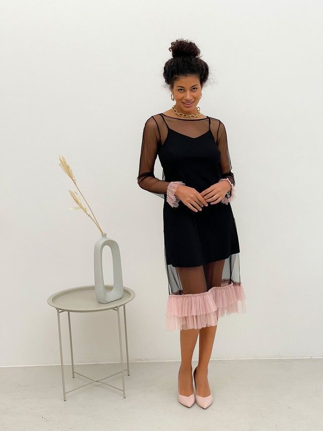 Black Tulle Dress with dusty pink ruffles