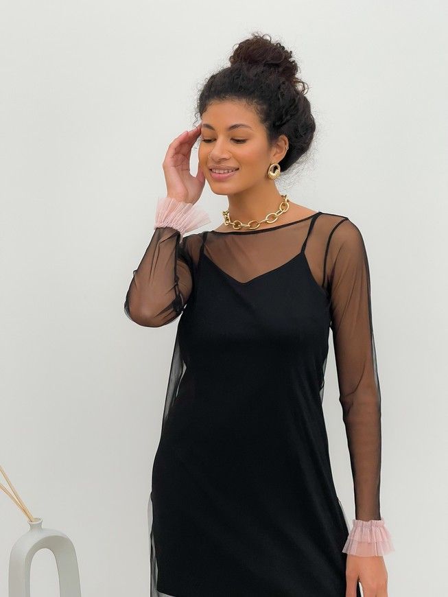 Black Tulle Dress with dusty pink ruffles