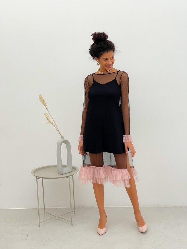 Black Tulle Dress with dusty pink ruffles