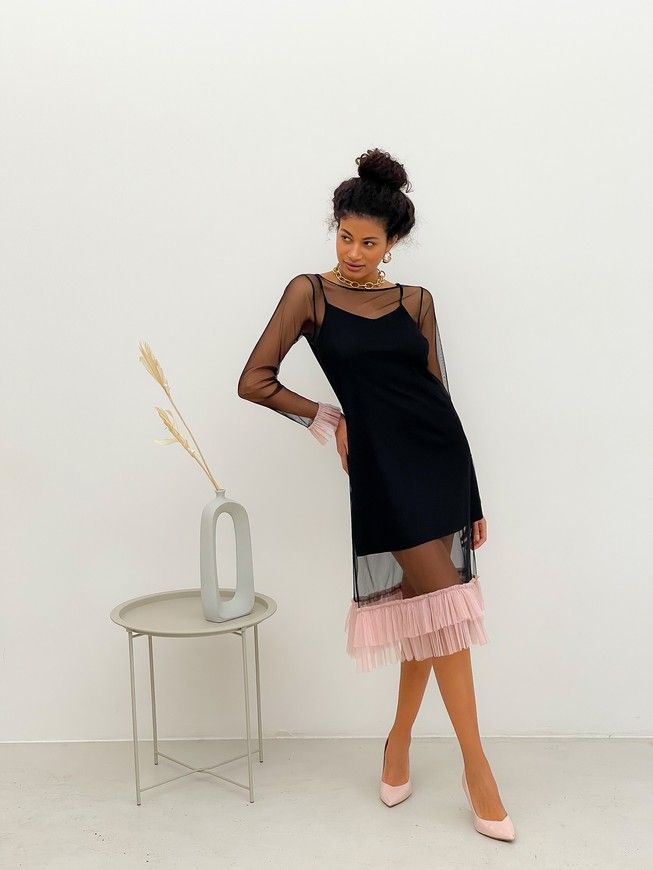 Black Tulle Dress with dusty pink ruffles