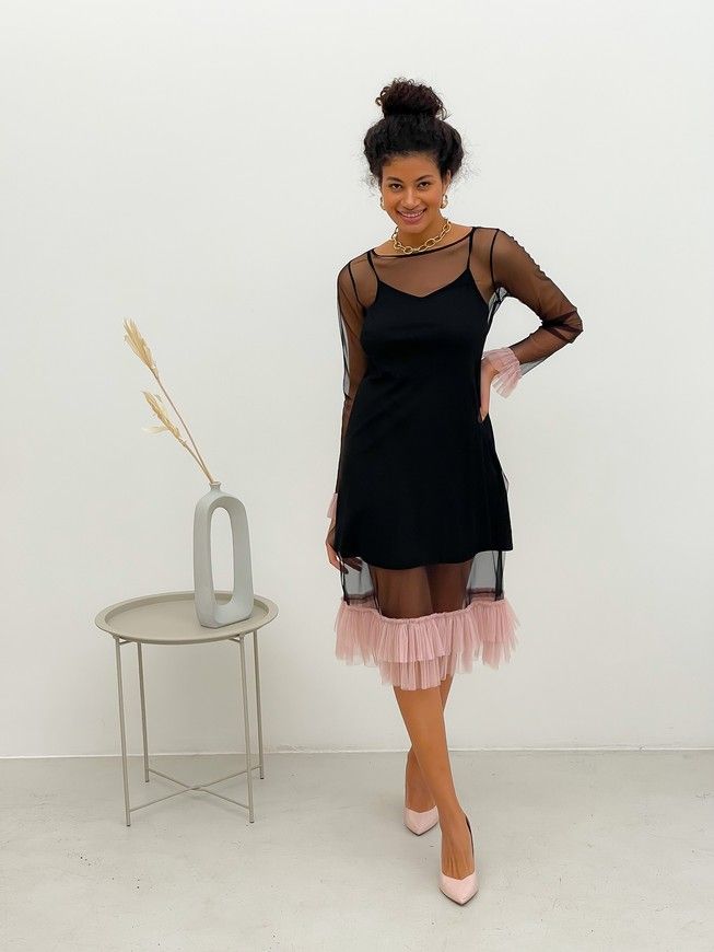 Black Tulle Dress with dusty pink ruffles