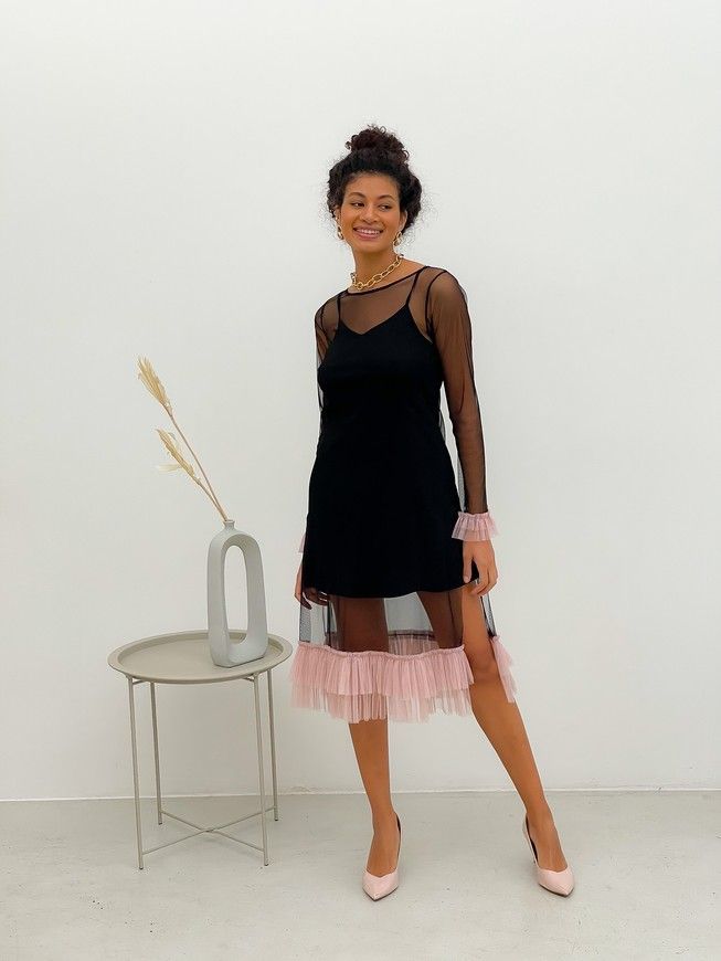 Black Tulle Dress with dusty pink ruffles
