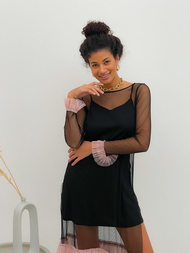Black Tulle Dress with dusty pink ruffles