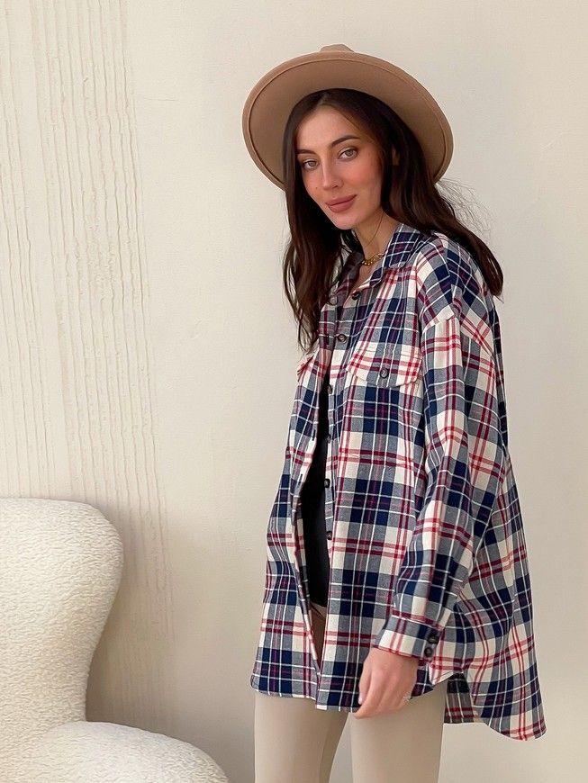 Shirt oversize Boyfriend's Tyu-Tyu! One size milk in navy blue and red tartan