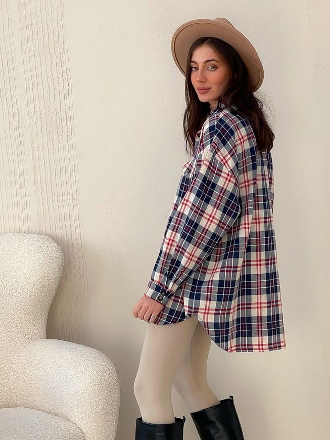Shirt oversize Boyfriend's Tyu-Tyu! One size milk in navy blue and red tartan