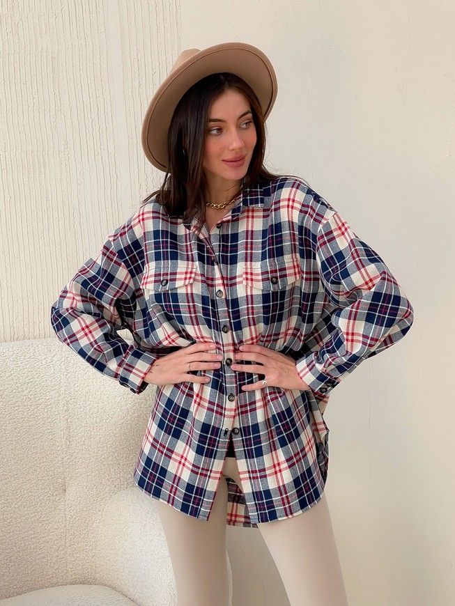 Shirt oversize Boyfriend's Tyu-Tyu! One size milk in navy blue and red tartan