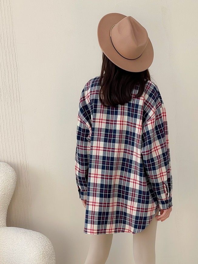 Shirt oversize Boyfriend's Tyu-Tyu! One size milk in navy blue and red tartan