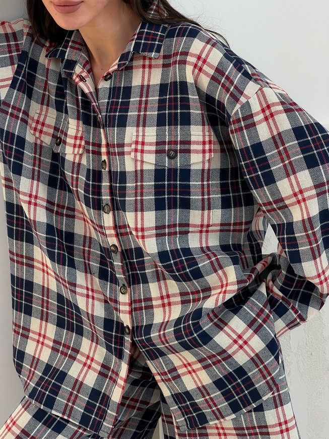 Shirt oversize Boyfriend's Tyu-Tyu! One size milk in navy blue and red tartan