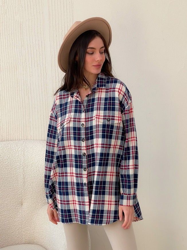Shirt oversize Boyfriend's Tyu-Tyu! One size milk in navy blue and red tartan