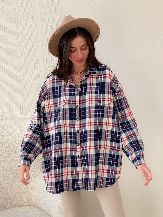 Shirt oversize Boyfriend's Tyu-Tyu! One size milk in navy blue and red tartan