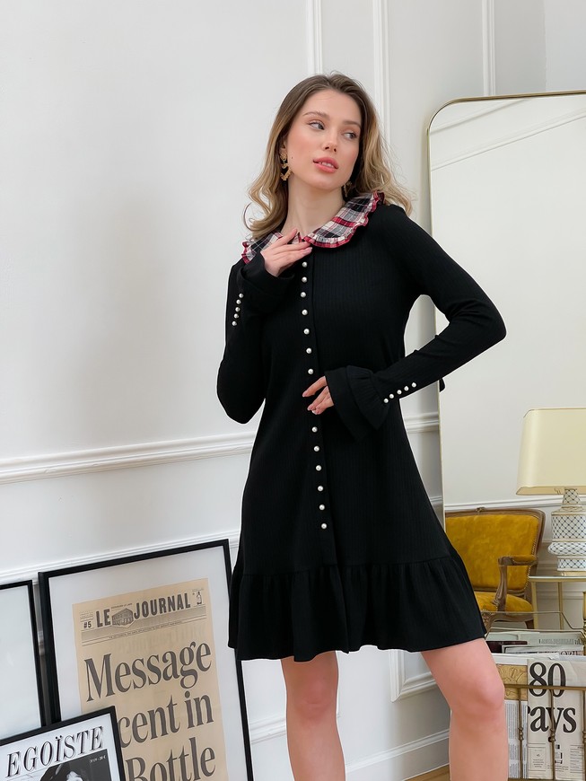 Jersey dress with ruffles, pearl buttons and removable collar Tyu-Tyu! XS black mini