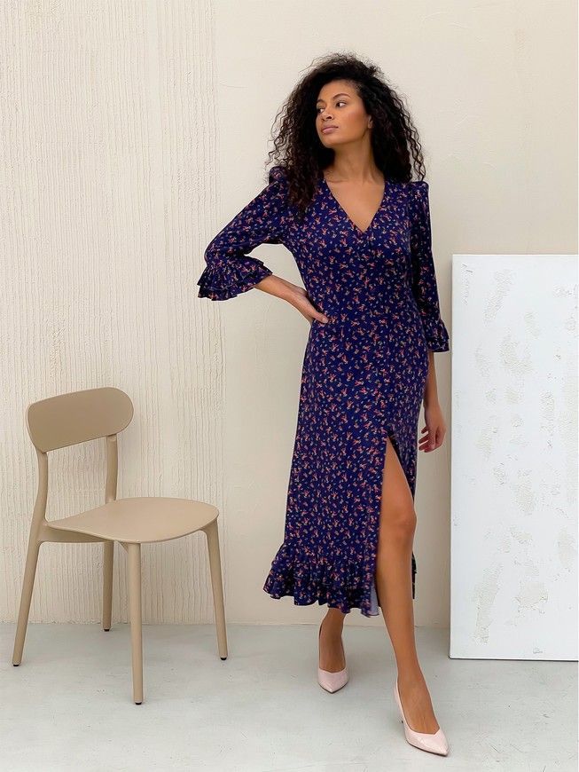 Сукня-халат з воланами Тю-Тю! XS темно-синя у квітчастий принт