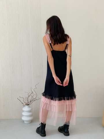 Black maxi slip dress with pink powder tulle ruffles - Tyu-Tyu Brand! Online store: women wear and decor & textiles for home Black maxi slip dress with pink powder tulle ruffles - Tyu-Tyu Brand! Online store: women wear and decor & textiles for home