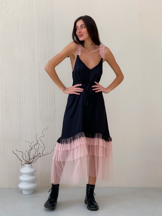 Black maxi slip dress with pink powder tulle ruffles