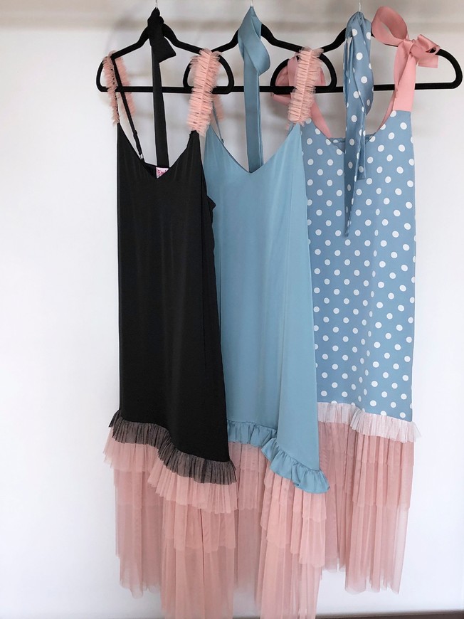 Blue polka dot maxi slip dress with dusty pink tulle ruffles