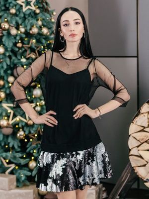 Платье-конструктор-сетка AIRDRESS черное со съемной юбкой из серебряно-черных пайеток
