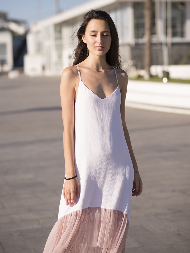 White maxi sundress with pink powder tulle ruffles
