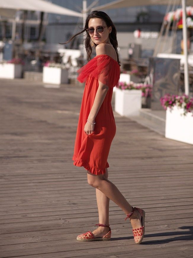 Red mini sundress with red tulle ruffles