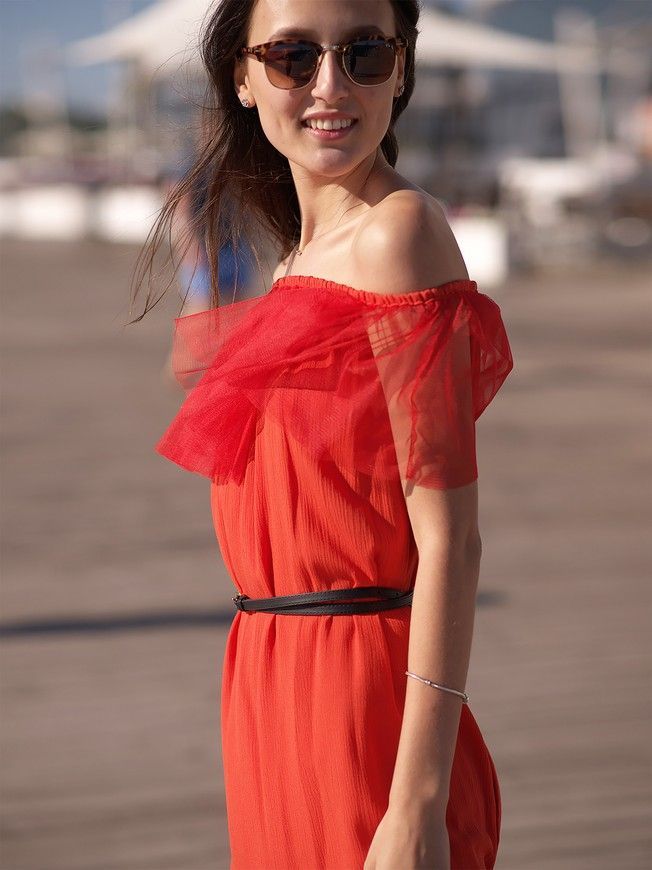 Red mini sundress with red tulle ruffles