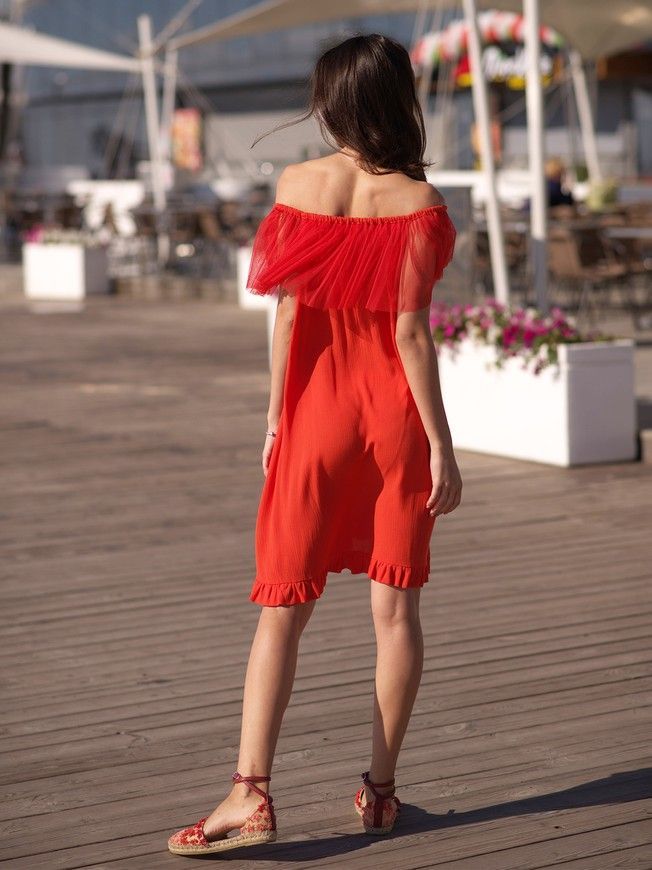 Red mini sundress with red tulle ruffles