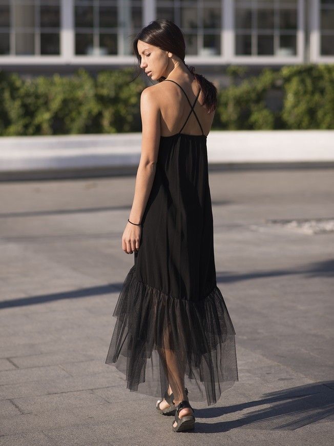 Black maxi sundress with black tulle ruffles