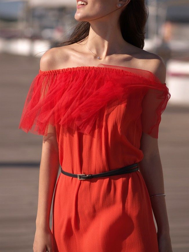 Red mini sundress with red tulle ruffles