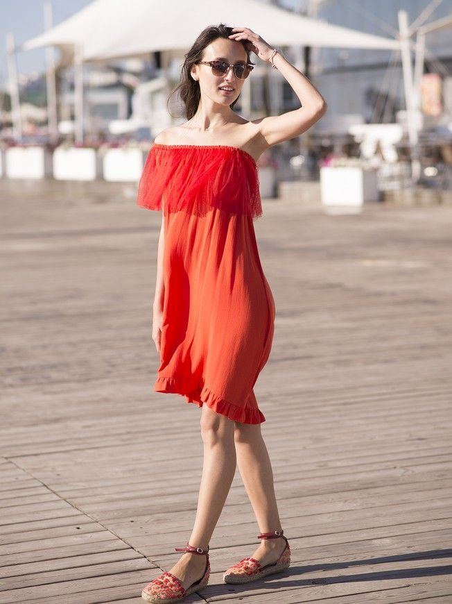 Red mini sundress with red tulle ruffles