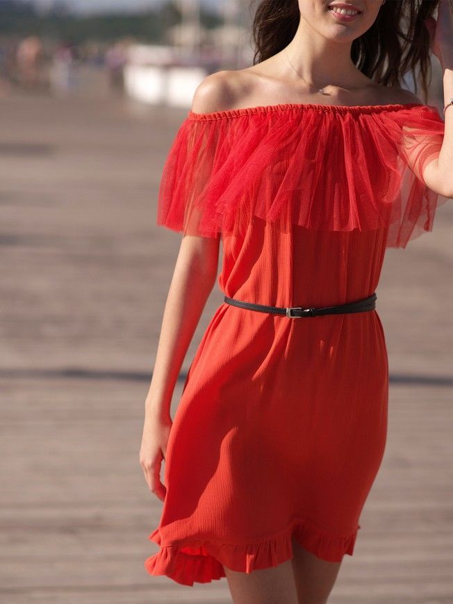 Red mini sundress with red tulle ruffles