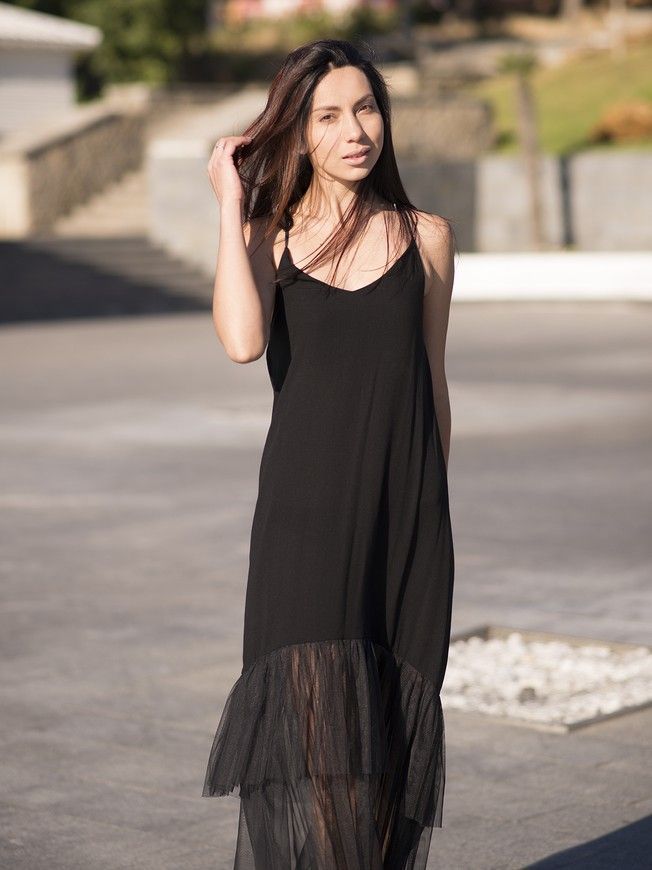 Black maxi sundress with black tulle ruffles