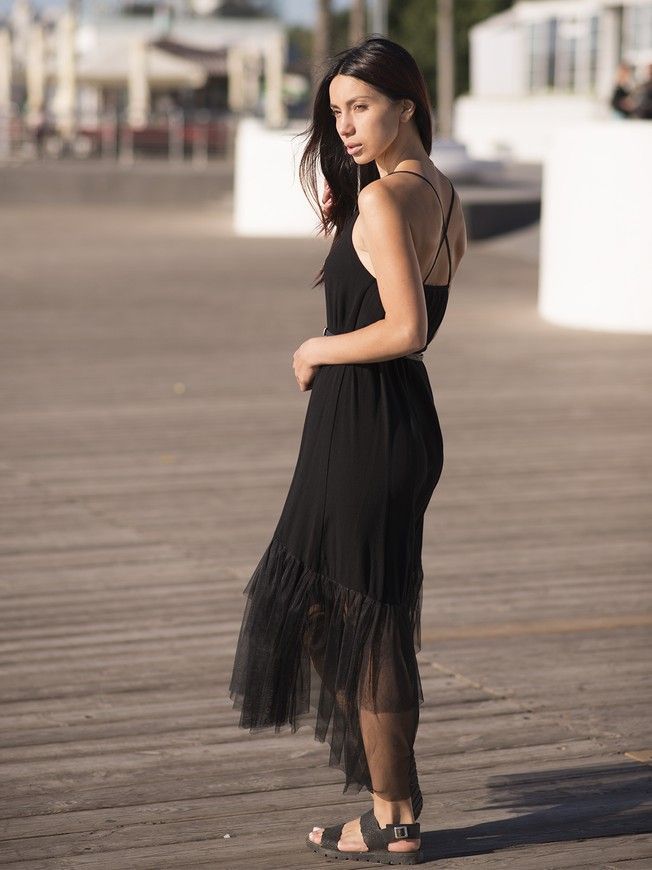 Black maxi sundress with black tulle ruffles