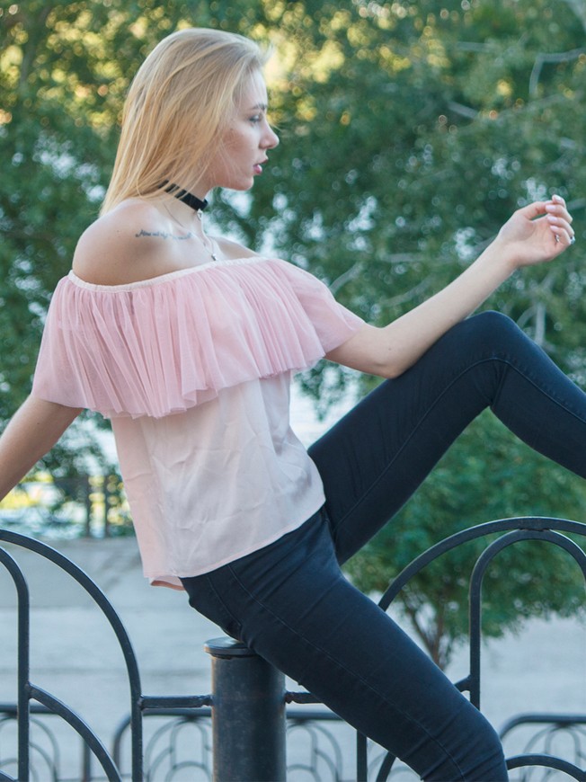 Pink top with pink powder tulle ruffles