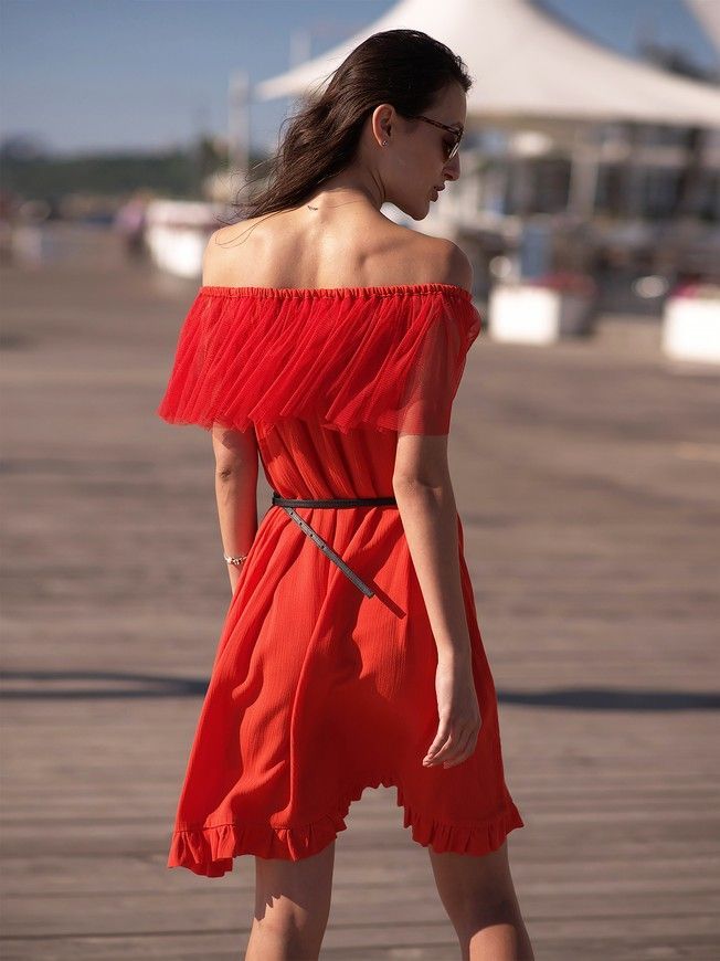 Red mini sundress with red tulle ruffles
